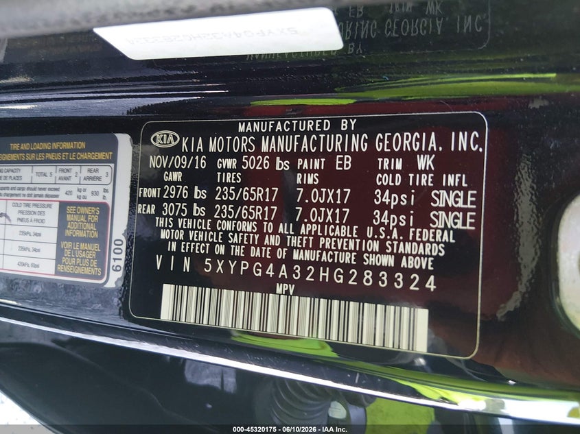 2017 Kia Sorento VIN 5XYPG4A32HG283324 IAAI salvage auction — LEFT FRONT, Salvage (Alabama), sold $850 on 2026-07-23 (photo 9)