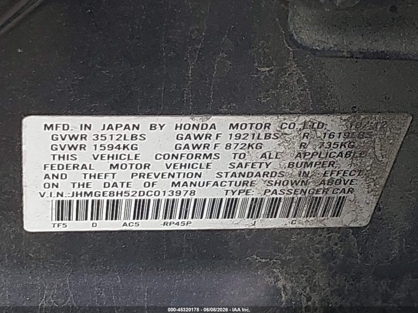 2013 Honda Fit VIN JHMGE8H52DC013978 IAAI salvage auction — LEFT SIDE, Salvage Title, sold $2,275 on 2026-07-09 (photo 9)