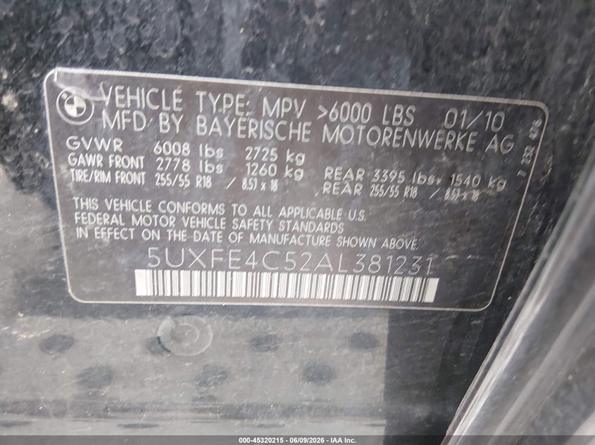 2010 BMW X5 VIN 5UXFE4C52AL381231 IAAI salvage auction — LEFT FRONT, Salvage (Kentucky), sold $525 on 2026-07-29 (photo 9)