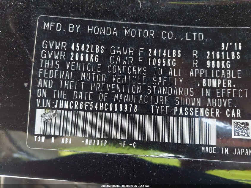 2017 Honda Accord VIN JHMCR6F54HC009978 IAAI salvage auction — NORMAL WEAR, Salvage Title, sold $1,850 on 2026-07-07 (photo 9)