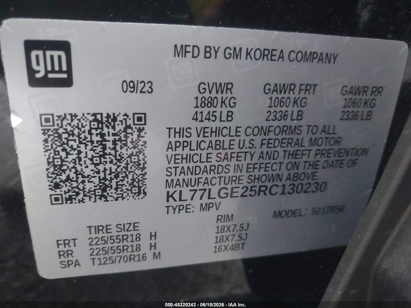 2024 Chevrolet Trax VIN KL77LGE25RC130230 IAAI salvage auction — REAR END, Salvage Title, sold $7,600 on 2026-07-11 (photo 9)