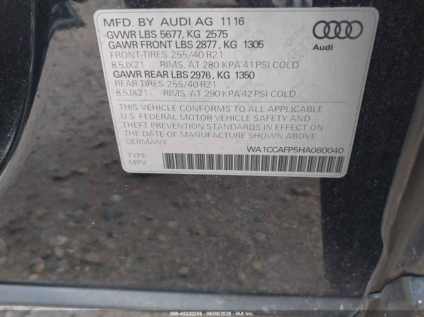2017 Audi Sq5 VIN WA1CCAFP5HA080040 IAAI salvage auction — FRONT END, Salvage Title, sold $10,025 on 2026-07-16 (photo 9)
