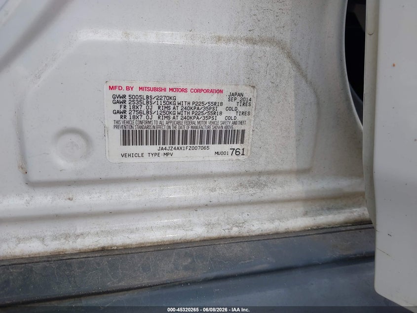 2015 Mitsubishi Outlander VIN JA4JZ4AX1FZ007065 IAAI salvage auction — FRONT END, Salvage Title, sold $1,300 on 2026-07-16 (photo 9)
