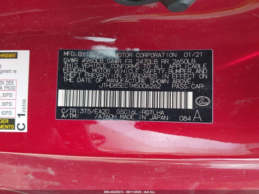 2021 Lexus Rc VIN JTHD85EC1M5006262 IAAI salvage auction — RIGHT FRONT, Salvage (Indiana), sold $13,000 on 2026-08-28 (photo 9)