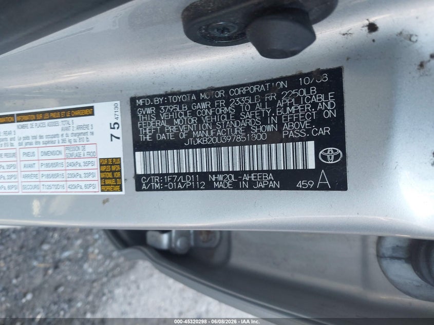 2009 Toyota Prius VIN JTDKB20U397851800 IAAI salvage auction — FRONT END, Clear (Virginia), sold $800 on 2026-07-24 (photo 9)