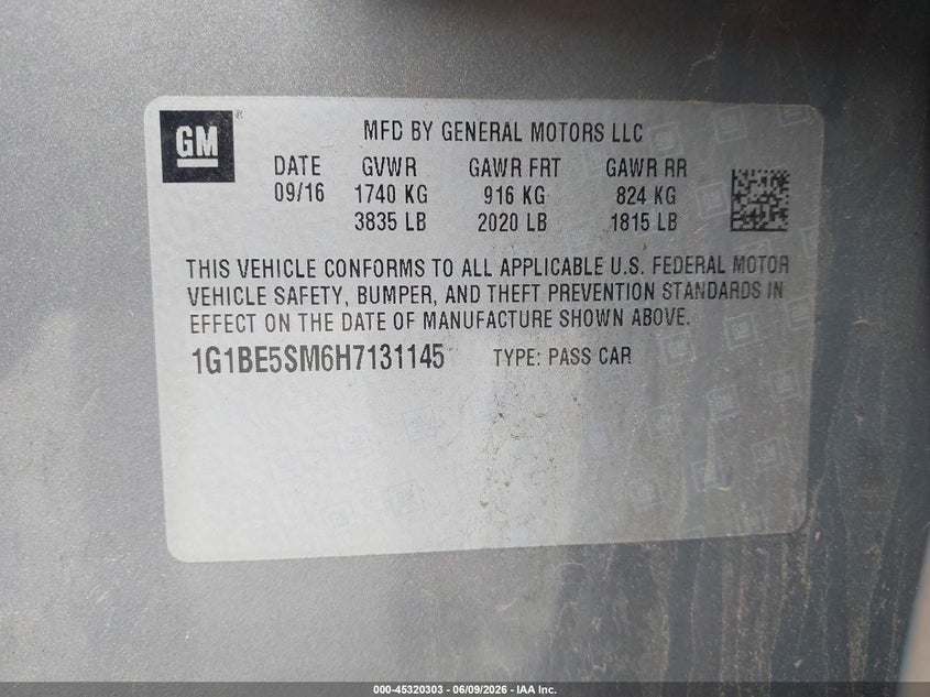 2017 Chevrolet Cruze VIN 1G1BE5SM6H7131145 IAAI salvage auction — FRONT END, Salvage Title, sold $2,700 on 2026-07-05 (photo 9)