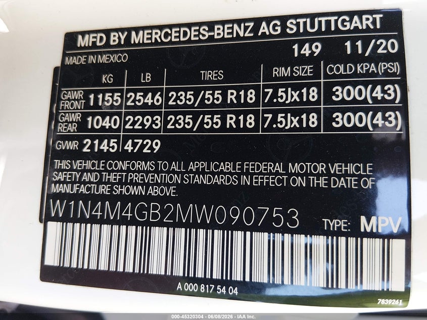 2021 Mercedes-benz Glb VIN W1N4M4GB2MW090753 IAAI salvage auction — LEFT SIDE, Rebuildable (Florida), sold $4,950 on 2026-07-28 (photo 9)