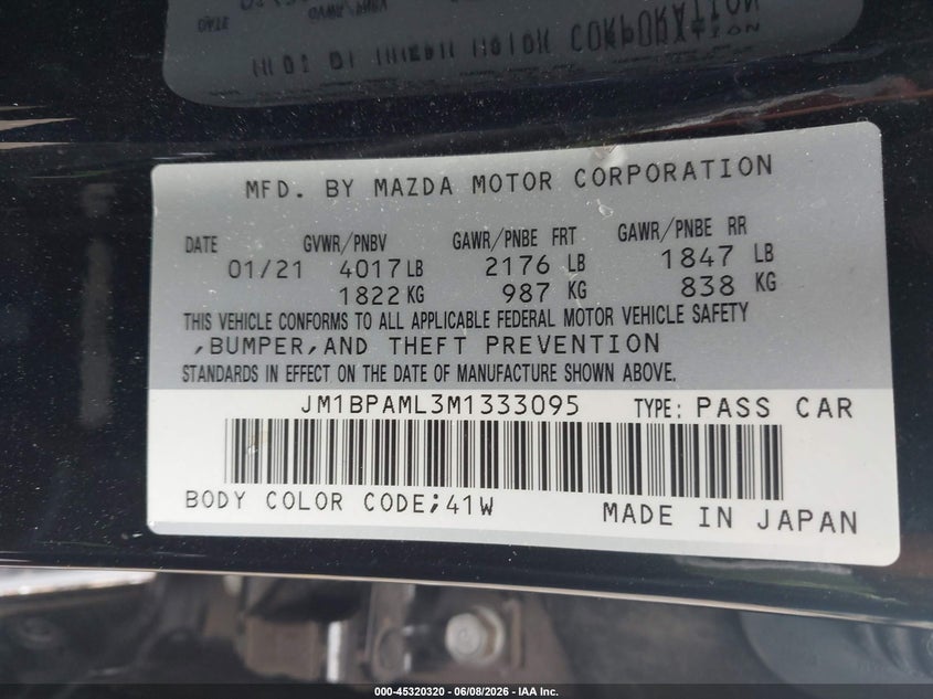 2021 Mazda 3 VIN JM1BPAML3M1333095 IAAI salvage auction — REAR END, Salvage Title, sold $4,650 on 2026-07-20 (photo 9)