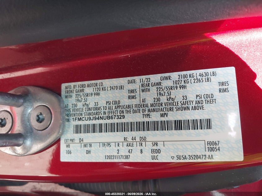 2022 Ford Escape VIN 1FMCU9J94NUB67329 IAAI salvage auction — HAIL, Salvage Title, sold $8,200 on 2026-07-28 (photo 9)