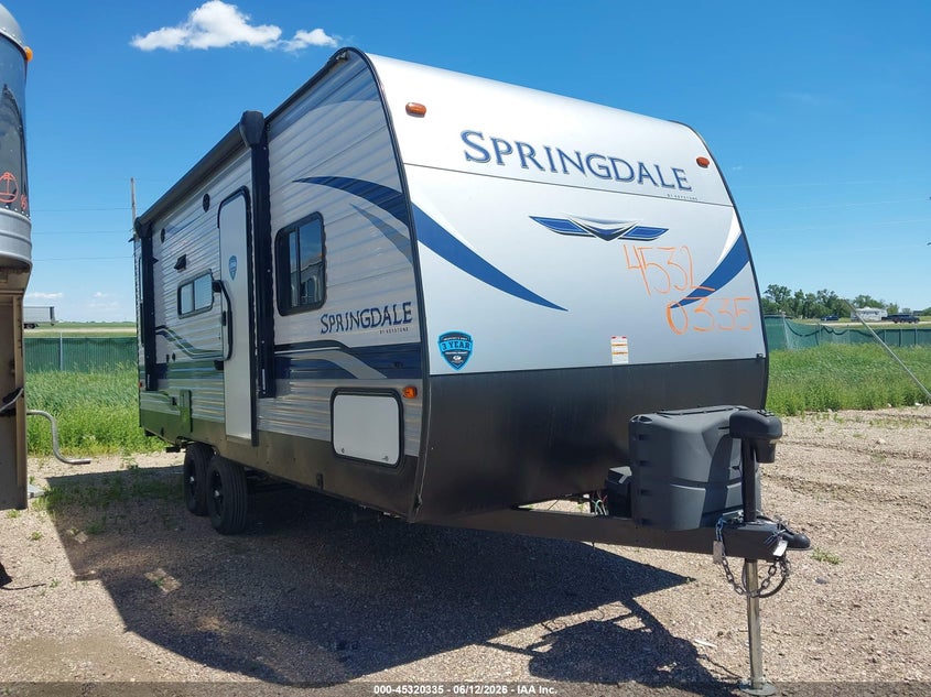 2021 Keystone Springdale VIN 4YDT20223M3108734 IAAI salvage auction — STORM DAMAGE, Regular Certificate (Iowa), sold $8,150 on 2026-08-11 (photo 1)