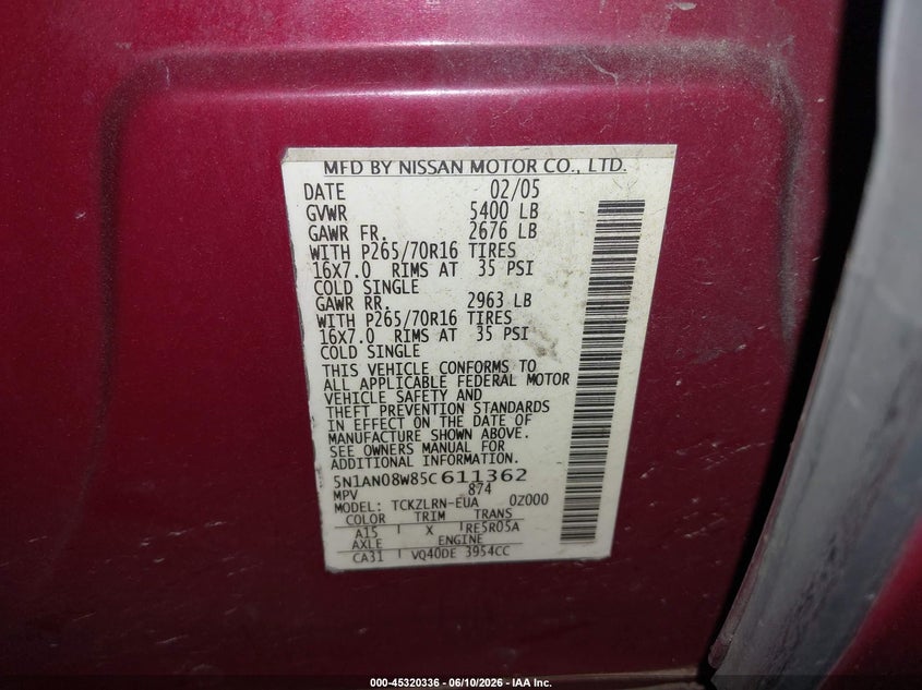 2005 Nissan Xterra VIN 5N1AN08W85C611362 IAAI salvage auction — REAR END, Salvage (Pennsylvania), sold $400 on 2026-07-09 (photo 9)
