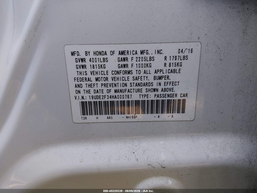 2017 Acura Ilx VIN 19UDE2F34HA000767 IAAI salvage auction — FRONT END, Salvage Title, sold $1,600 on 2026-07-09 (photo 9)