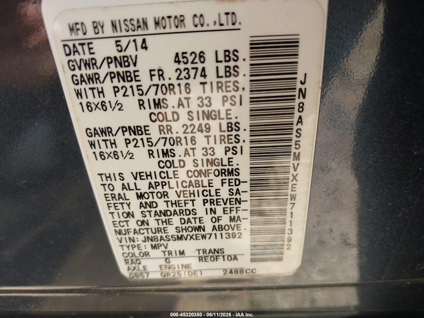 2014 Nissan Rogue VIN JN8AS5MVXEW711392 IAAI salvage auction — FRONT END, Salvage (North Carolina), sold $550 on 2026-08-01 (photo 9)