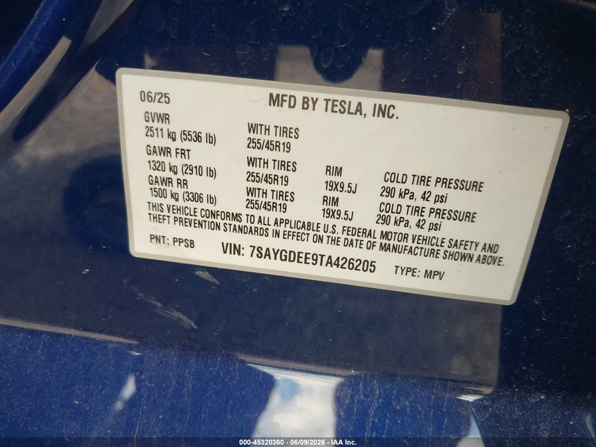 2026 Tesla Model y VIN 7SAYGDEE9TA426205 IAAI salvage auction — SUSPENSION, Salvage Title, sold $17,350 on 2026-09-10 (photo 9)