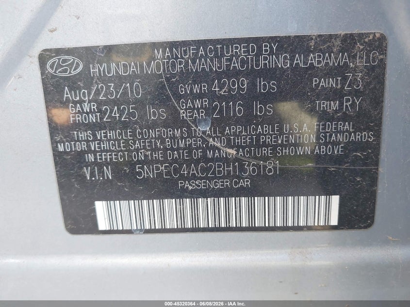 2011 Hyundai Sonata VIN 5NPEC4AC2BH136181 IAAI salvage auction — NORMAL WEAR, Clear-Dealer Only (Arizona), sold $350 on 2026-07-14 (photo 9)