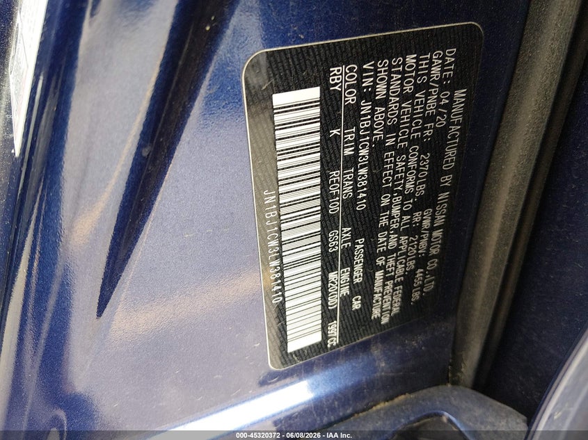 2020 Nissan Rogue VIN JN1BJ1CW3LW381410 IAAI salvage auction — RIGHT REAR, Salvage Title, sold $2,250 on 2026-07-21 (photo 9)