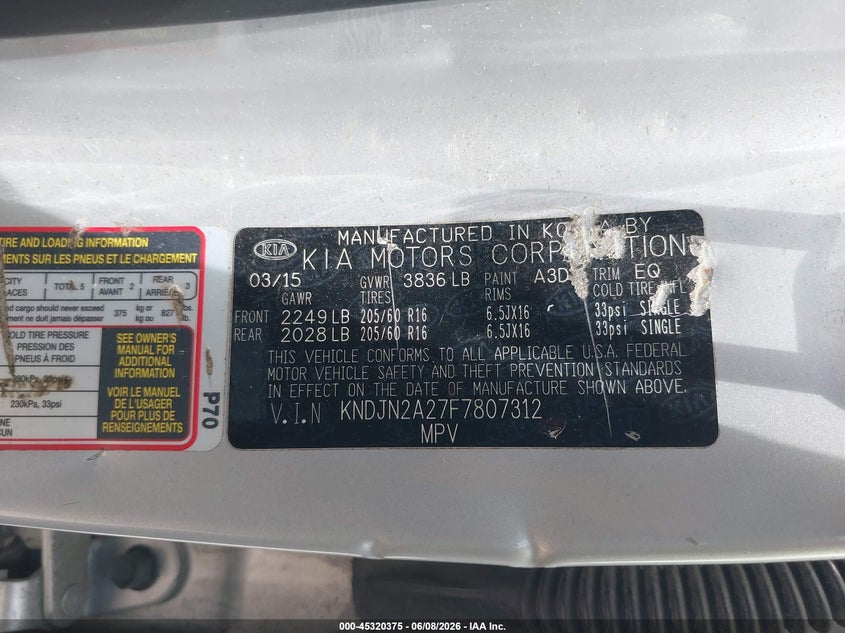 2015 Kia Soul VIN KNDJN2A27F7807312 IAAI salvage auction — FRONT & REAR, Salvage Title, sold $550 on 2026-07-18 (photo 9)
