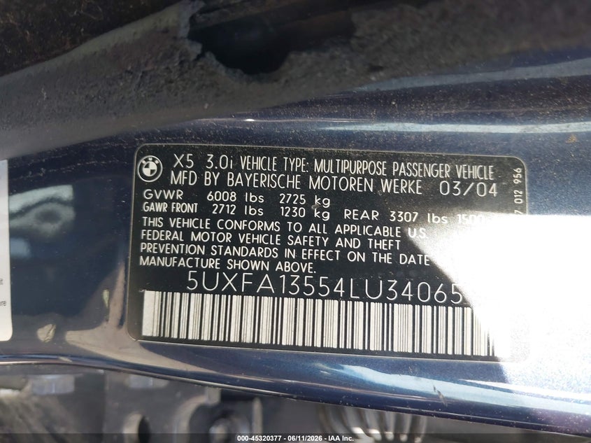 2004 BMW X5 VIN 5UXFA13554LU34065 IAAI salvage auction — RIGHT REAR, Salvage (Ohio), sold $325 on 2026-07-14 (photo 9)