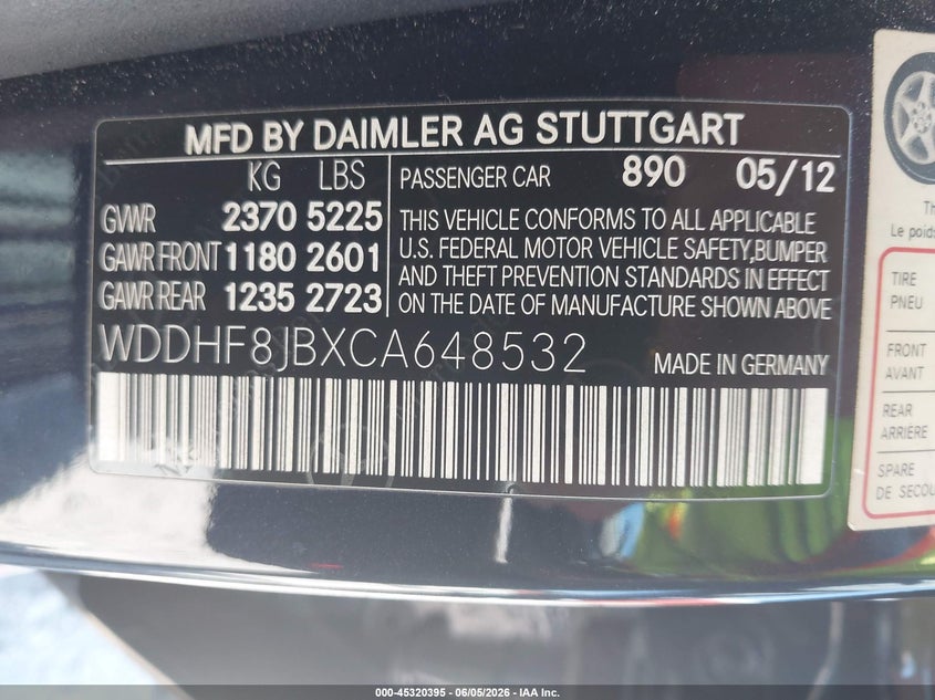 2012 Mercedes-benz E-klasse VIN WDDHF8JBXCA648532 IAAI salvage auction — NORMAL WEAR, Salvage (South Carolina), sold $500 on 2026-07-21 (photo 9)