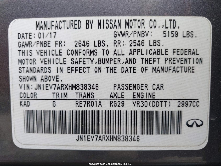 2017 Infiniti Q50 VIN JN1EV7ARXHM838346 IAAI salvage auction — FRONT END, Salvage Title, sold $375 on 2026-07-23 (photo 9)