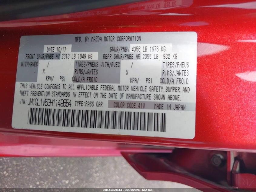 2017 Mazda 6 VIN JM1GL1V53H1149654 IAAI salvage auction — RIGHT SIDE, Salvage Title, sold $1,500 on 2026-07-16 (photo 9)