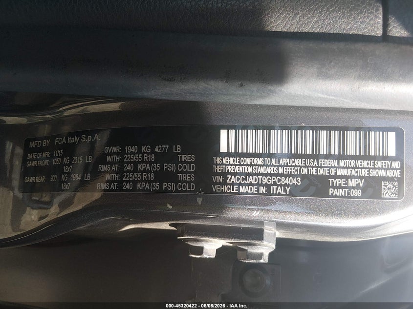 2016 Jeep Renegade VIN ZACCJADT9GPC84043 IAAI salvage auction — RIGHT FRONT, Salvage Title, sold $1,050 on 2026-08-16 (photo 9)