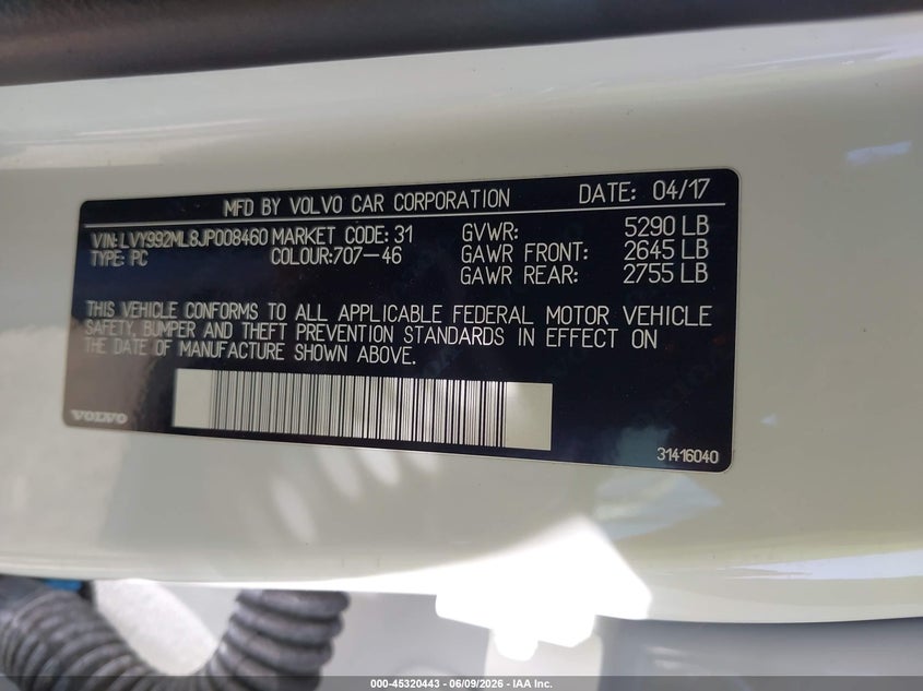 2018 Volvo S90 VIN LVY992ML8JP008460 IAAI salvage auction — FRONT END, Salvage Title, sold $8,200 on 2026-07-09 (photo 9)