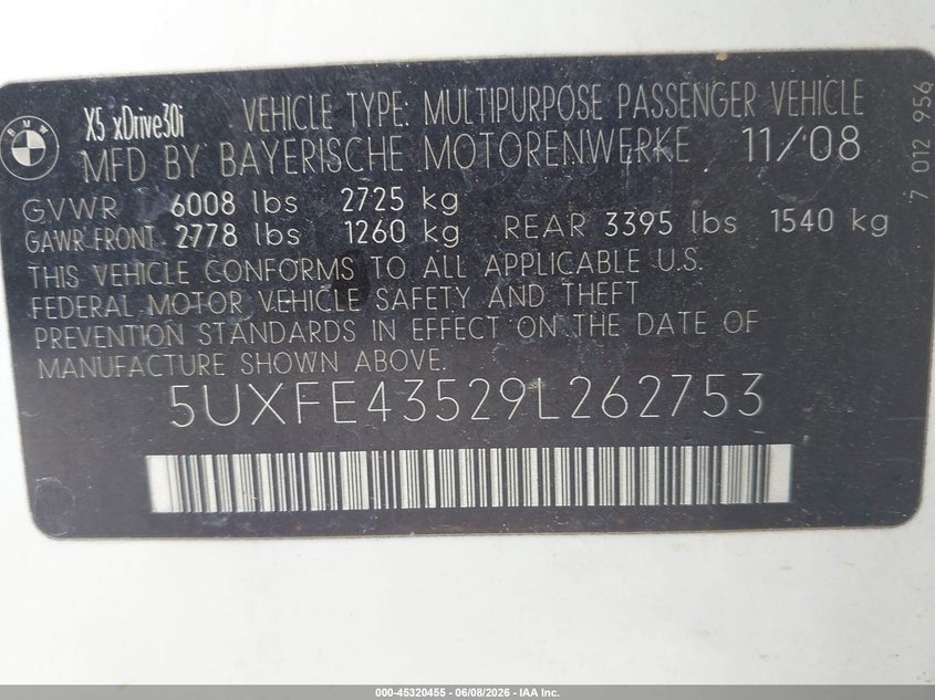 2009 BMW X5 VIN 5UXFE43529L262753 IAAI salvage auction — FRONT END, Original (Texas), sold $1,850 on 2026-07-13 (photo 9)
