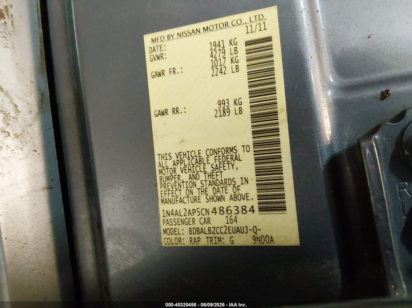2012 Nissan Altima VIN 1N4AL2AP5CN486384 IAAI salvage auction — REAR END, Salvage (Idaho), sold $250 on 2026-07-31 (photo 9)