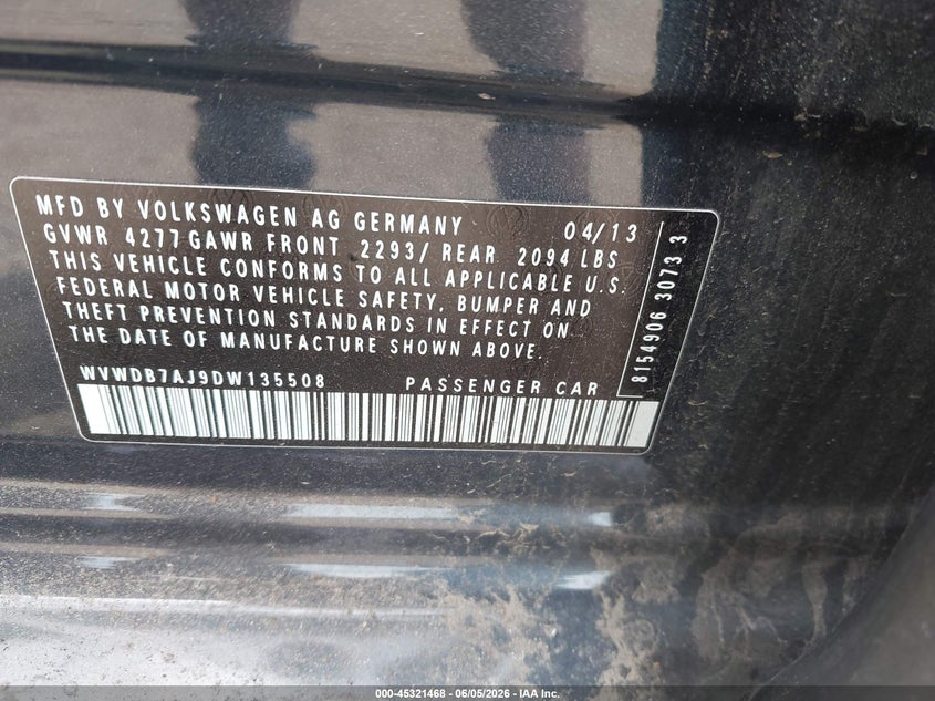 2013 Volkswagen Golf VIN WVWDB7AJ9DW135508 IAAI salvage auction — UNDERCARRIAGE, Mv-907A (New York), sold $25 on 2026-07-28 (photo 9)