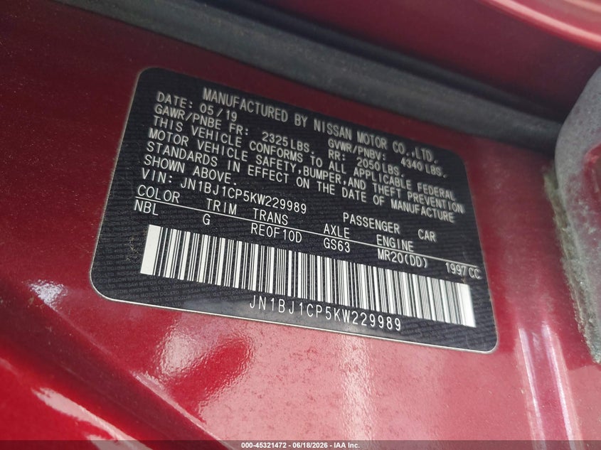 2019 Nissan Rogue VIN JN1BJ1CP5KW229989 IAAI salvage auction — REAR END, Salvage (North Carolina), sold $6,450 on 2026-07-15 (photo 9)