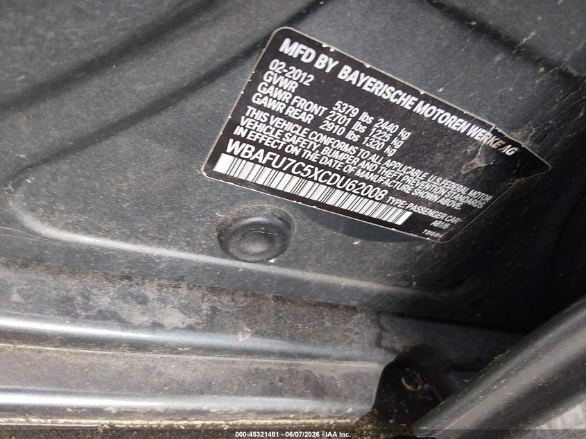 2012 BMW 5er VIN WBAFU7C5XCDU62008 IAAI salvage auction — UNKNOWN, Salvage Title, sold $25 on 2026-07-21 (photo 9)