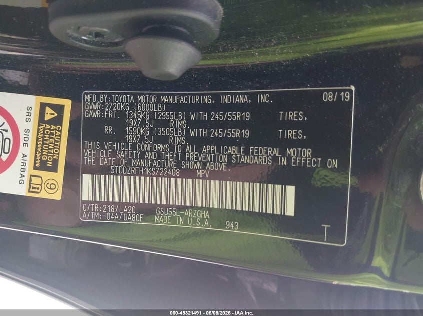 2019 Toyota Highlander VIN 5TDDZRFH1KS722408 IAAI salvage auction — FRONT END, Salvage Title, sold $7,600 on 2026-07-22 (photo 9)