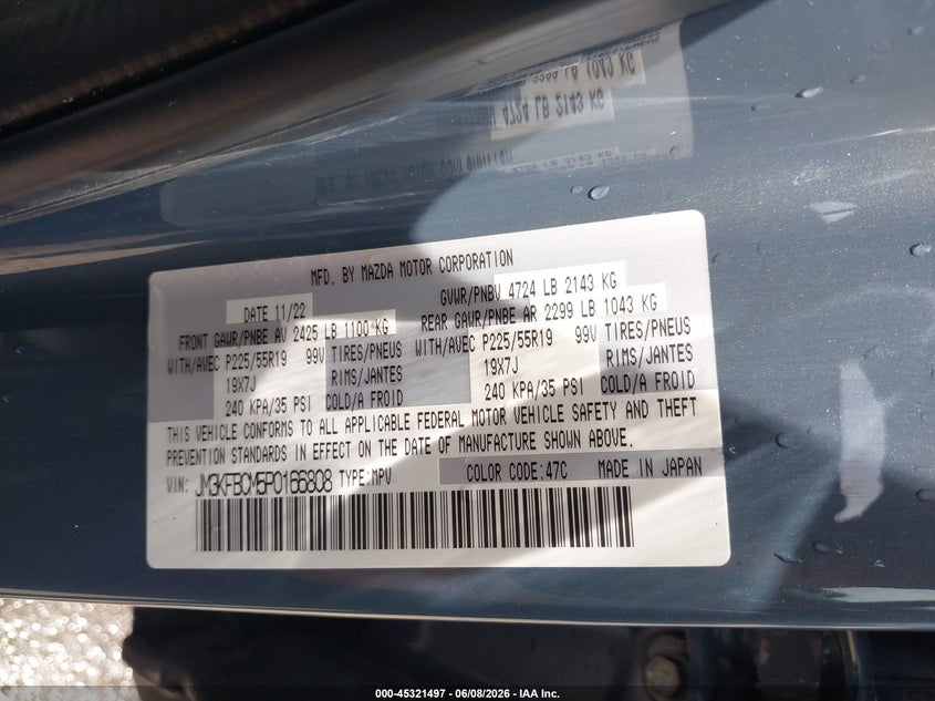 2023 Mazda Cx-5 VIN JM3KFBCM5P0166808 IAAI salvage auction — HAIL, Salvage (Ohio), sold $9,500 on 2026-07-21 (photo 9)