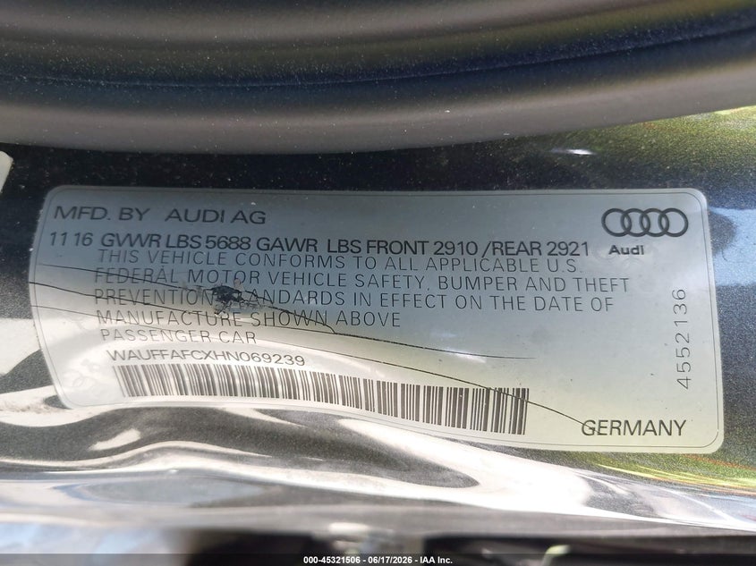 2017 Audi S6 VIN WAUFFAFCXHN069239 IAAI salvage auction — LEFT SIDE, Bill Of Sale (Washington), sold $14,250 on 2026-07-15 (photo 9)