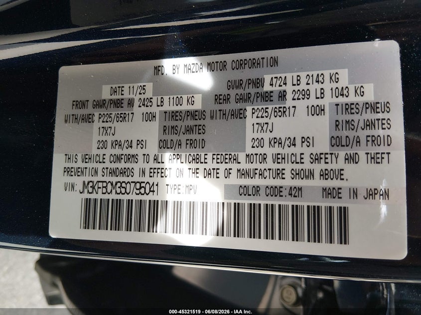 2025 Mazda Cx-5 VIN JM3KFBCM3S0795041 IAAI salvage auction — FRONT END, Salvage Title, sold $10,925 on 2026-07-13 (photo 9)
