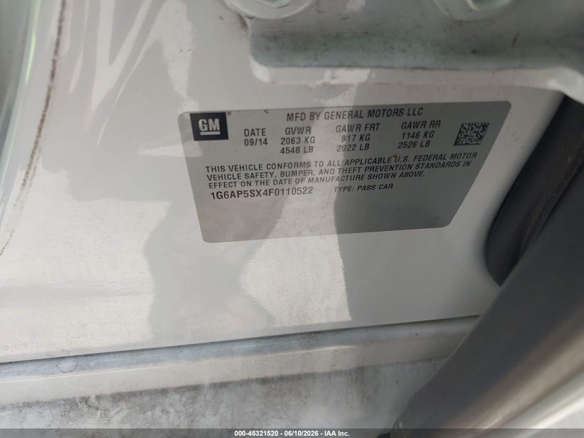 2015 Cadillac Cts VIN 1G6AP5SX4F0110522 IAAI salvage auction — HAIL, Original (Texas), sold $1,750 on 2026-07-10 (photo 9)