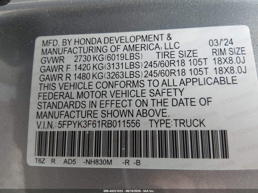 2024 Honda Ridgeline VIN 5FPYK3F61RB011556 IAAI salvage auction — RIGHT SIDE, Wait Title, sold $25 on 2026-08-07 (photo 9)