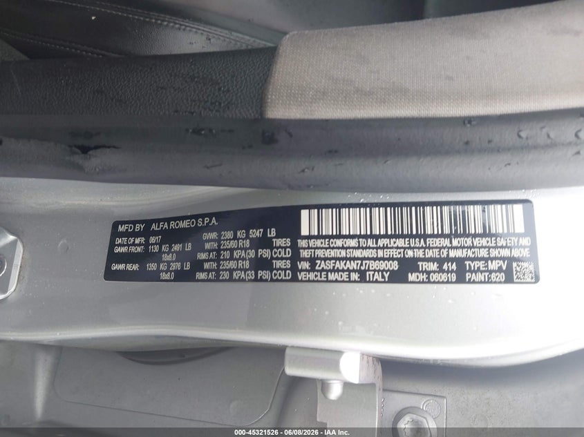 2018 Alfa romeo Stelvio VIN ZASFAKAN7J7B69008 IAAI salvage auction — REAR END, Salvage Title, sold $2,750 on 2026-07-22 (photo 9)