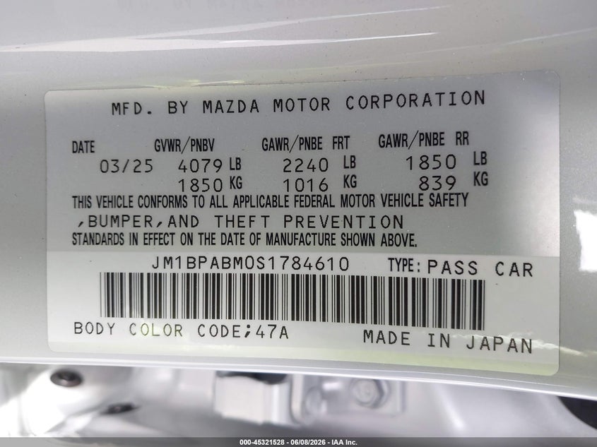 2025 Mazda 3 VIN JM1BPABM0S1784610 IAAI salvage auction — REAR END, Salvage Title, sold $7,000 on 2026-07-12 (photo 9)