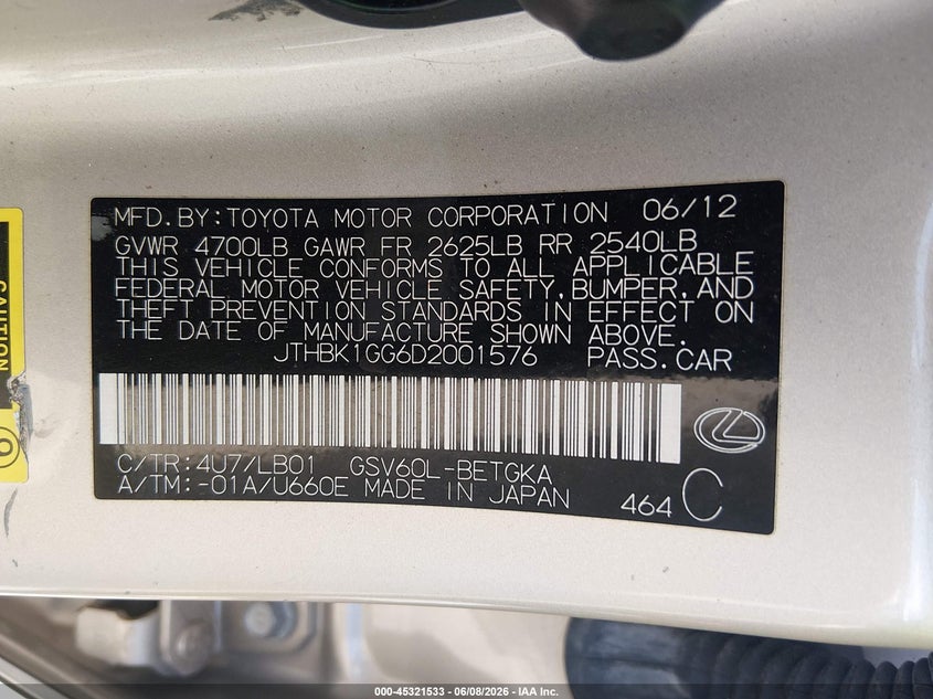 2013 Lexus ES VIN JTHBK1GG6D2001576 IAAI salvage auction — FRONT END, Salvage Title, sold $25 on 2026-07-21 (photo 9)
