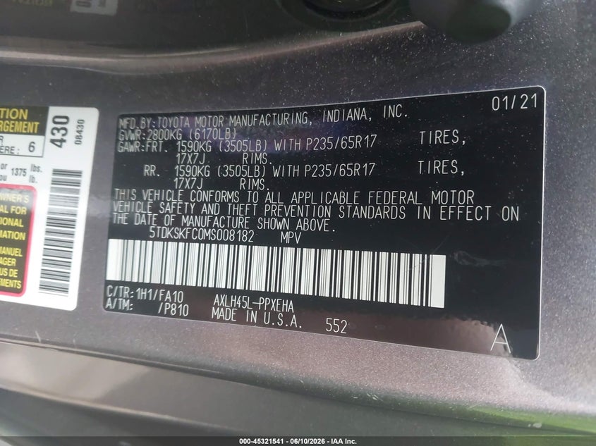 2021 Toyota Sienna VIN 5TDKSKFC0MS008182 IAAI salvage auction — SIDE, Salvage Title, sold $5,400 on 2026-07-28 (photo 9)