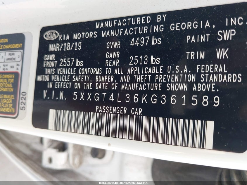 2019 Kia Optima VIN 5XXGT4L36KG361589 IAAI salvage auction — THEFT, Salvage (Connecticut), sold $525 on 2026-07-30 (photo 9)