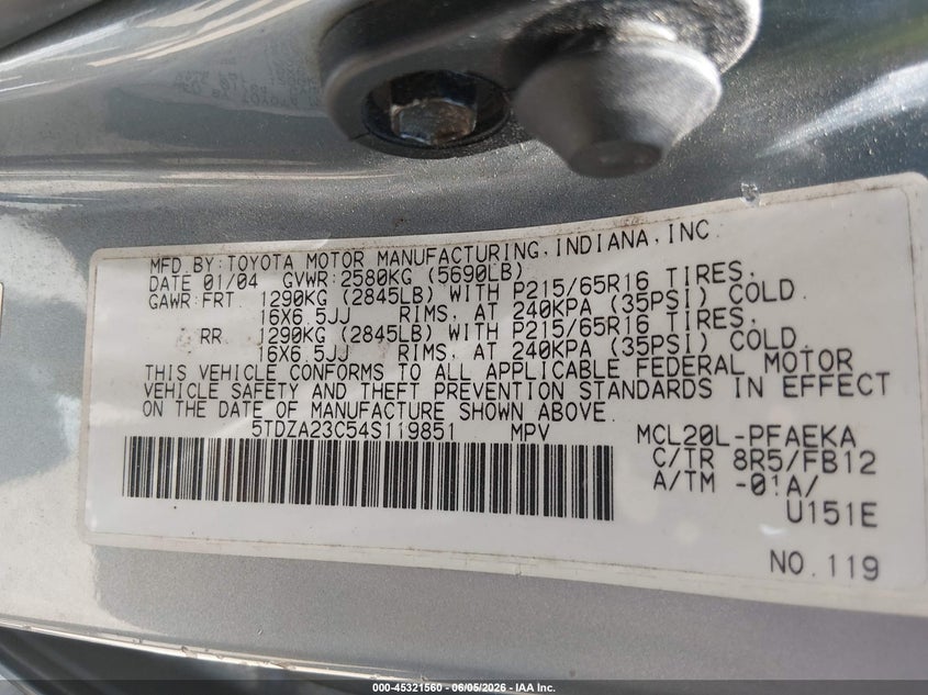 2004 Toyota Sienna VIN 5TDZA23C54S119851 IAAI salvage auction — NORMAL WEAR, Salvage (Texas), sold $1,150 on 2026-07-09 (photo 9)