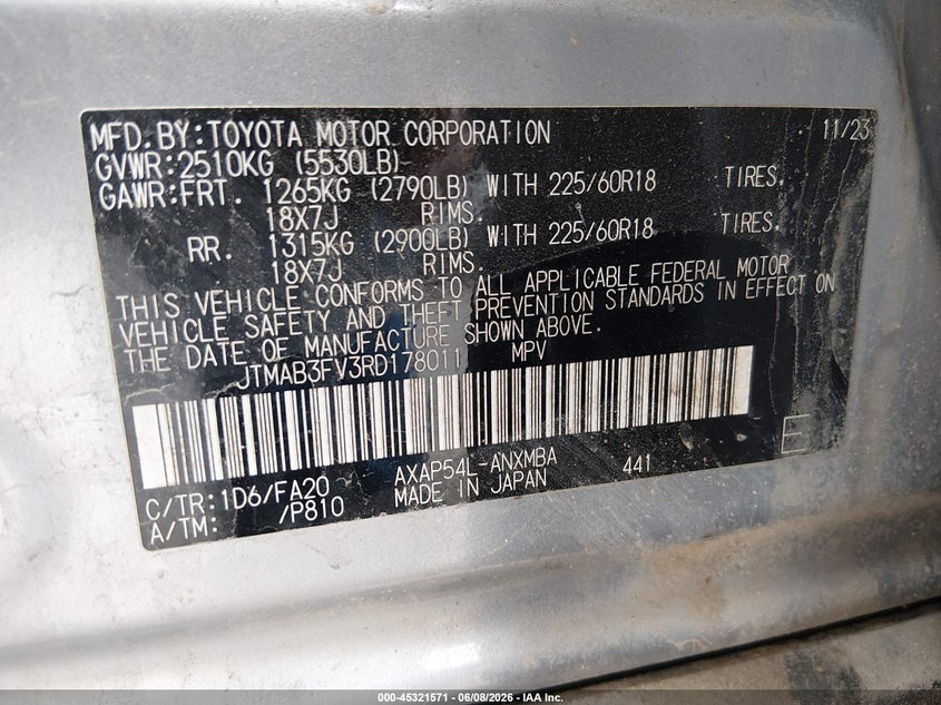 2024 Toyota Rav 4 VIN JTMAB3FV3RD178011 IAAI salvage auction — RIGHT FRONT, Salvage Title, sold $19,300 on 2026-07-10 (photo 9)