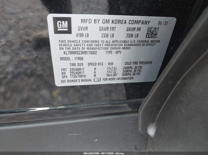2021 Chevrolet Trailblazer VIN KL79MMS23MB176002 IAAI salvage auction — LEFT SIDE, Salvage (Idaho), sold $3,800 on 2026-07-14 (photo 9)