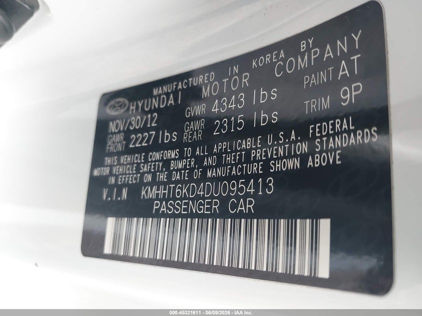 2013 Hyundai Genesis VIN KMHHT6KD4DU095413 IAAI salvage auction — FRONT END, Salvage Title, sold $1,350 on 2026-07-07 (photo 9)