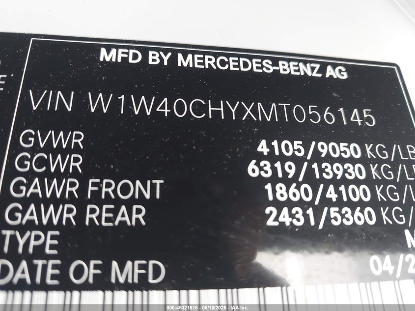 2021 Mercedes-benz Sprinter VIN W1W40CHYXMT056145 IAAI salvage auction — FRONT END, Salvage (North Carolina), sold $7,425 on 2026-07-15 (photo 9)