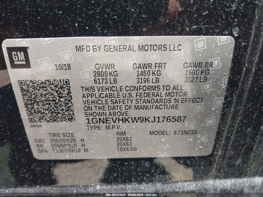 2019 Chevrolet Traverse VIN 1GNEVHKW9KJ176587 IAAI salvage auction — FRONT END, Salvage Title, sold $3,000 on 2026-07-19 (photo 9)