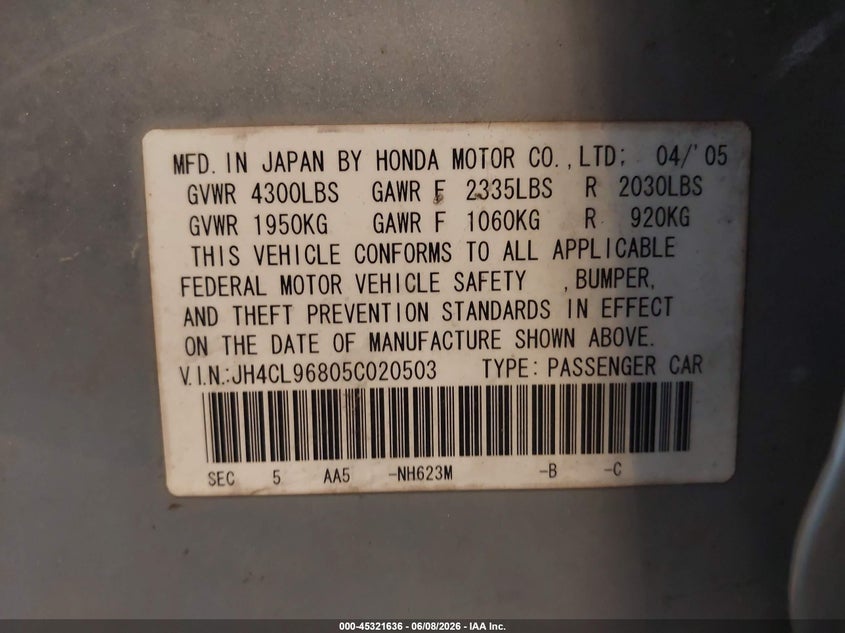 2005 Acura Tsx VIN JH4CL96805C020503 IAAI salvage auction — NORMAL WEAR, Clear (Michigan), sold $400 on 2026-07-28 (photo 9)